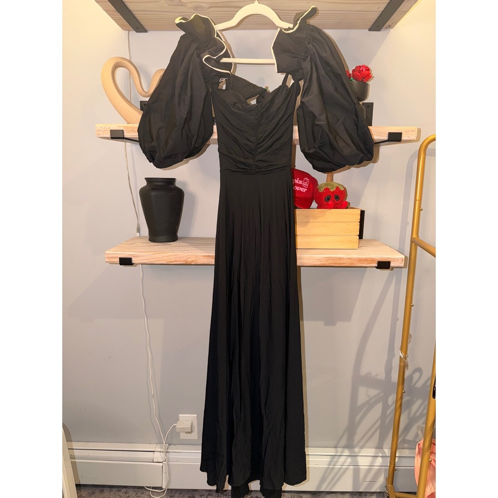 Maygel Coronel Black Puff Sleeve Ruched Maxi Dress One Size Cutout Tie Back